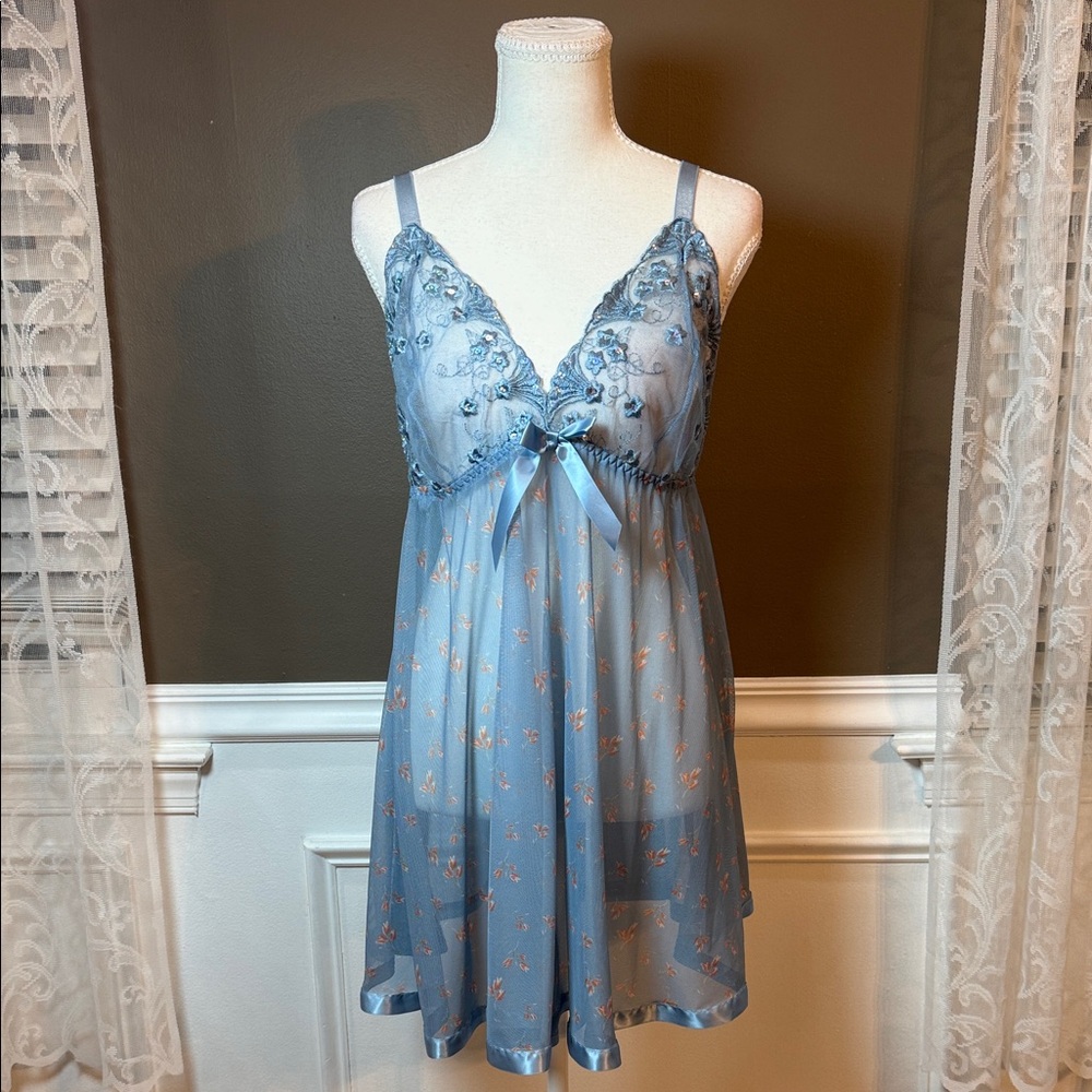 Sheerβ Lace Mesh Babydoll Dress Blue Lingerie Coquette 1X